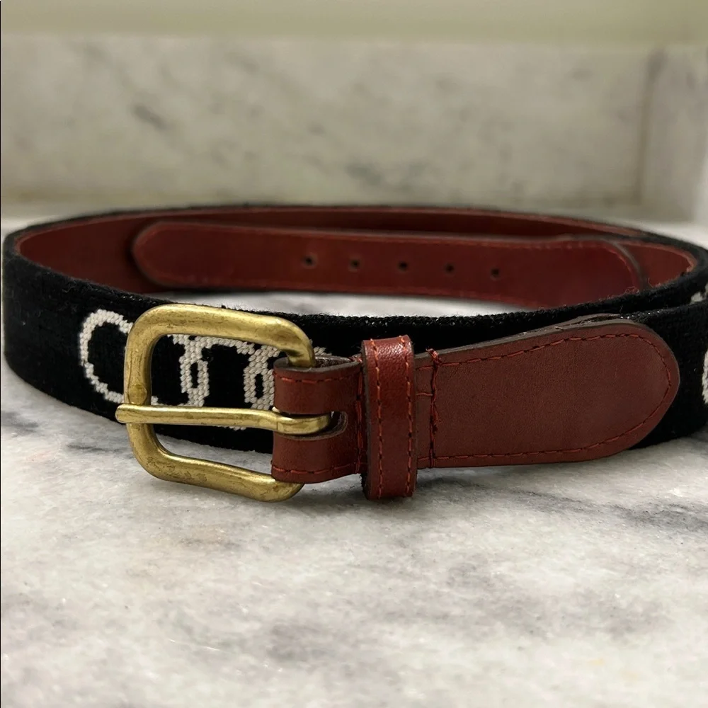 Smathers & Branson Audi Hand-Stitched Needlepoint Black Brown Belt Gold Buckle